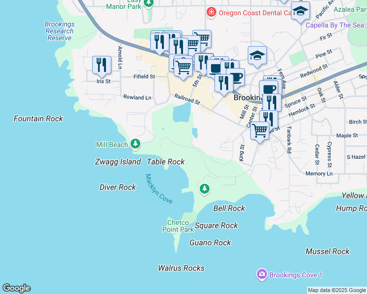 map of restaurants, bars, coffee shops, grocery stores, and more near 1000-1104 Center Street in Brookings