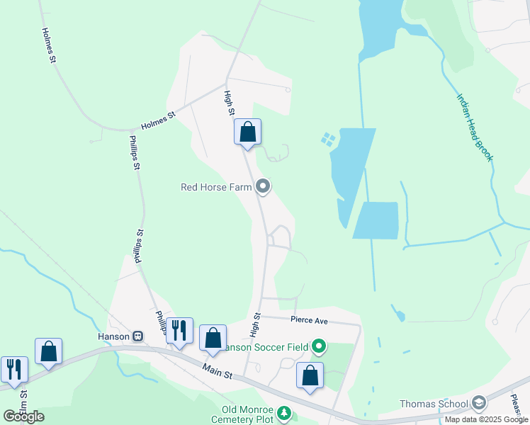 map of restaurants, bars, coffee shops, grocery stores, and more near 285 High Street in Hanson