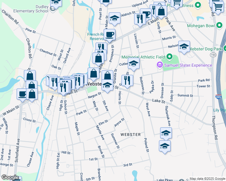 map of restaurants, bars, coffee shops, grocery stores, and more near 36 Lake Street in Webster