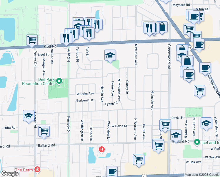map of restaurants, bars, coffee shops, grocery stores, and more near 9342 Home Court in Des Plaines