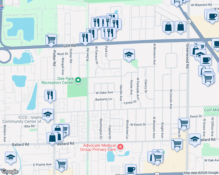 map of restaurants, bars, coffee shops, grocery stores, and more near 9353 Fern Lane in Des Plaines