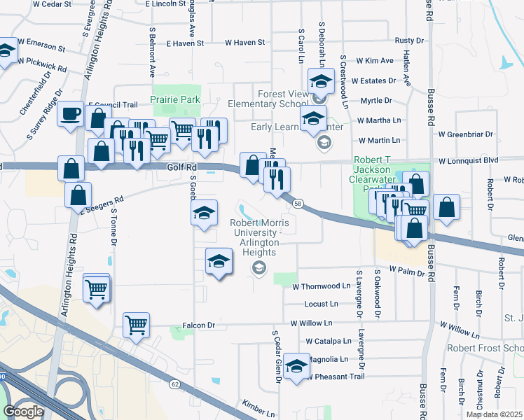 map of restaurants, bars, coffee shops, grocery stores, and more near 965 East Golf Road in Arlington Heights