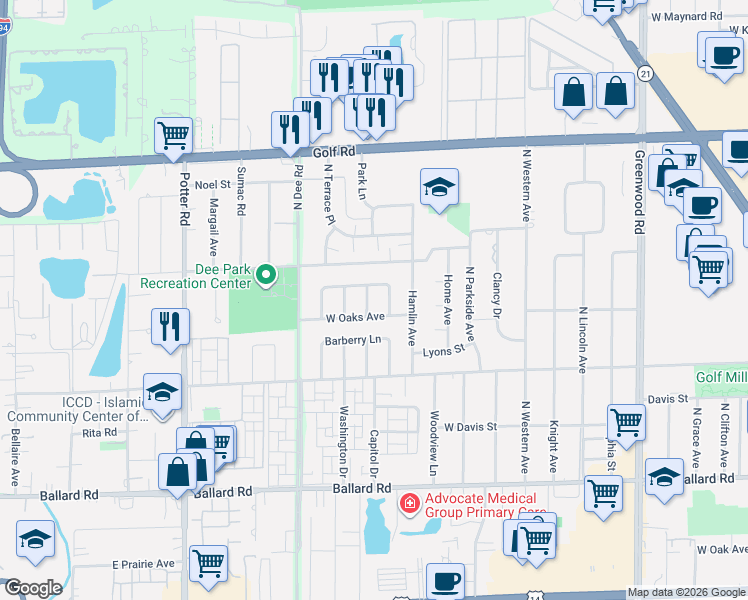 map of restaurants, bars, coffee shops, grocery stores, and more near 9353 Fern Lane in Des Plaines