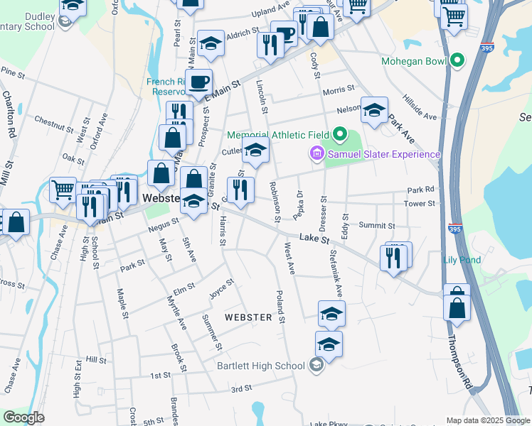 map of restaurants, bars, coffee shops, grocery stores, and more near 5 Robinson Street in Webster