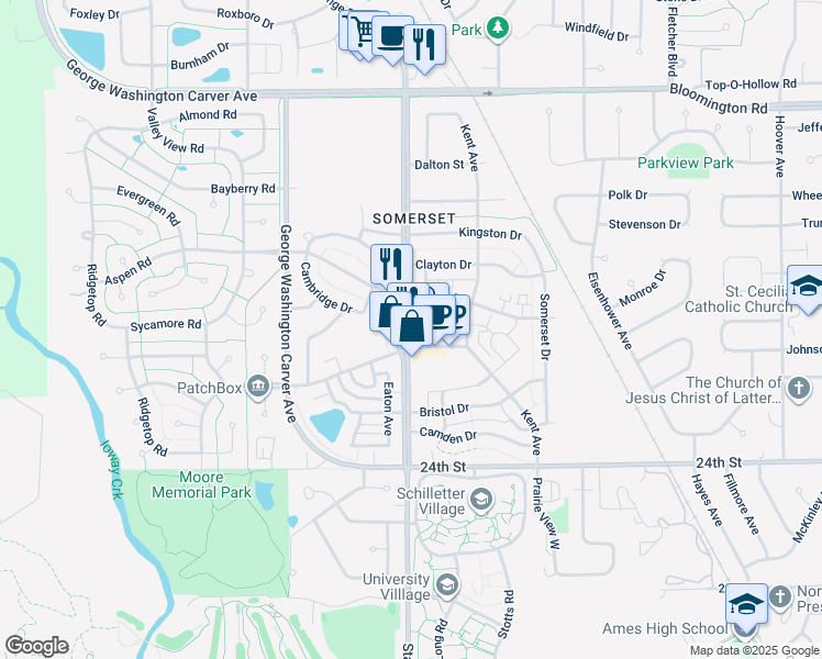 map of restaurants, bars, coffee shops, grocery stores, and more near 2705 Northridge Parkway in Ames