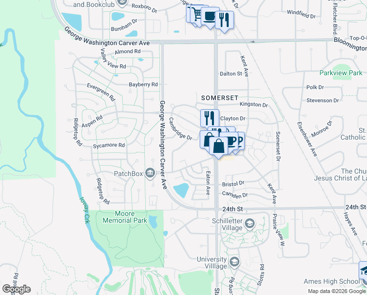 map of restaurants, bars, coffee shops, grocery stores, and more near 2806 George Washington Carver Avenue in Ames