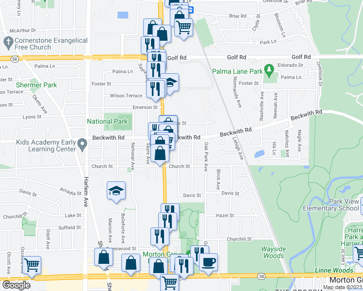 map of restaurants, bars, coffee shops, grocery stores, and more near 9237 New England Avenue in Morton Grove