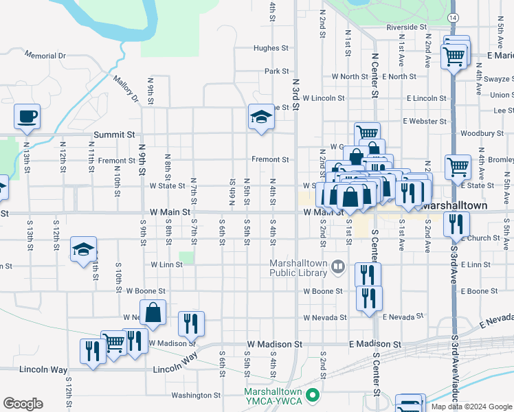 map of restaurants, bars, coffee shops, grocery stores, and more near 407 West Main Street in Marshalltown