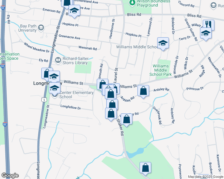 map of restaurants, bars, coffee shops, grocery stores, and more near 733 Laurel Street in Longmeadow