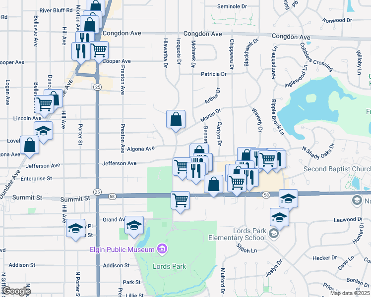 map of restaurants, bars, coffee shops, grocery stores, and more near 795 Algona Avenue in Elgin