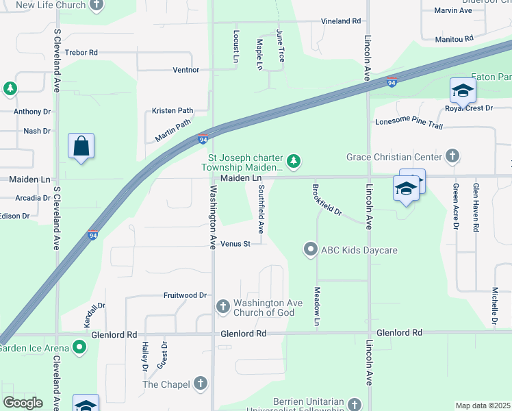 map of restaurants, bars, coffee shops, grocery stores, and more near 3776 Southfield Avenue in St. Joseph