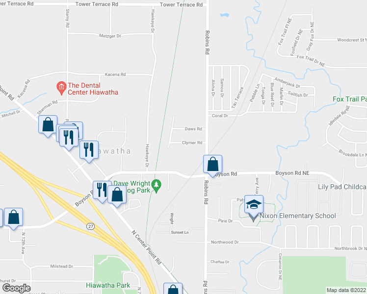 map of restaurants, bars, coffee shops, grocery stores, and more near 345 Clymer Road in Hiawatha