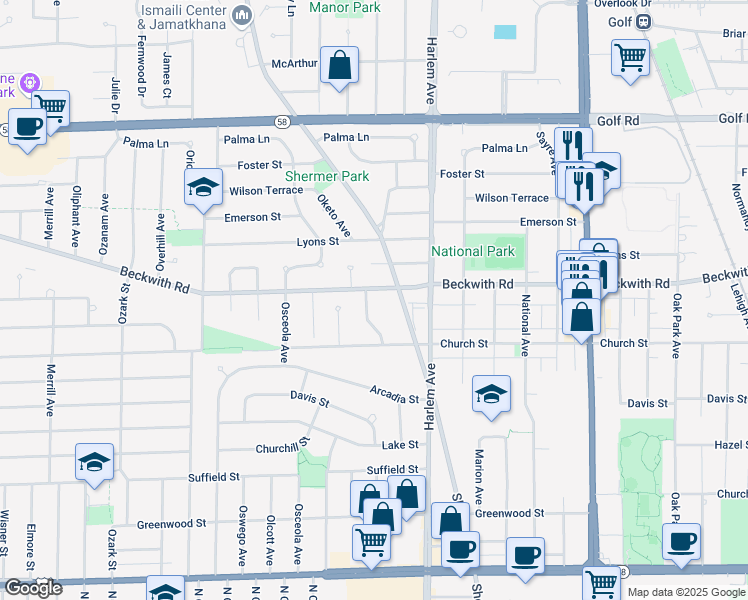 map of restaurants, bars, coffee shops, grocery stores, and more near 9241 Cameron Lane in Morton Grove