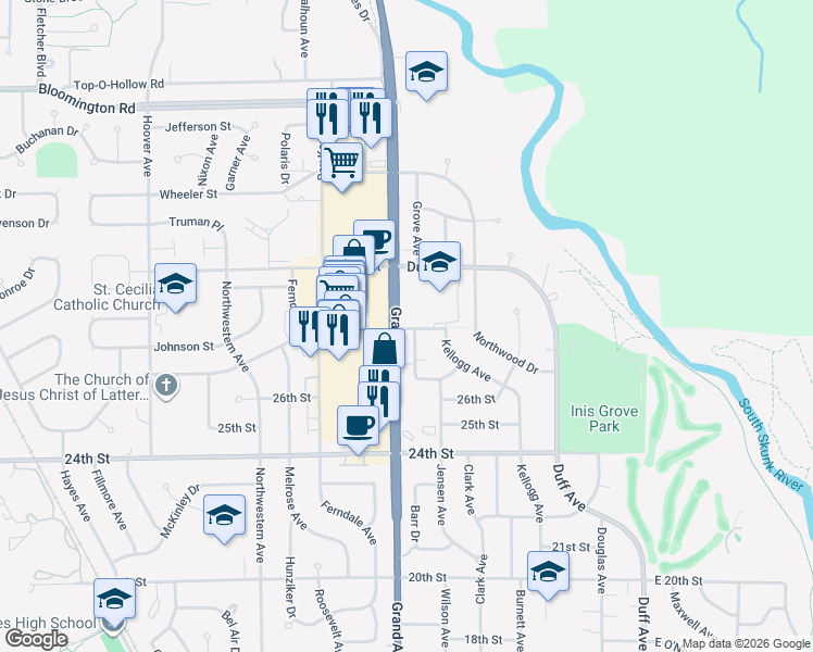 map of restaurants, bars, coffee shops, grocery stores, and more near 607 28th Street in Ames