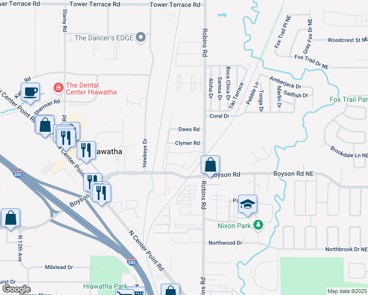 map of restaurants, bars, coffee shops, grocery stores, and more near 265 Clymer Road in Hiawatha
