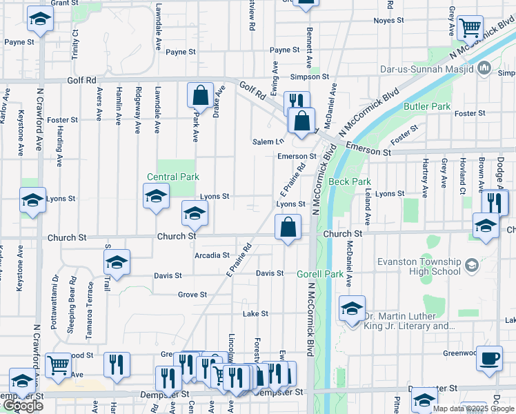 map of restaurants, bars, coffee shops, grocery stores, and more near 9245 Forestview Road in Evanston