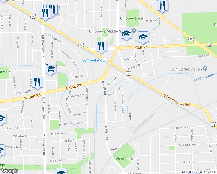 map of restaurants, bars, coffee shops, grocery stores, and more near 485 Harvey Avenue in Des Plaines