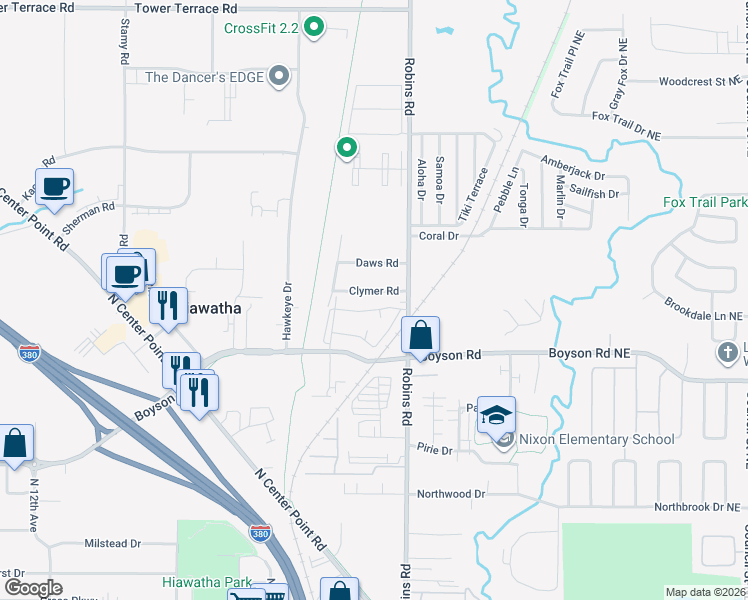 map of restaurants, bars, coffee shops, grocery stores, and more near 305 Clymer Road in Hiawatha