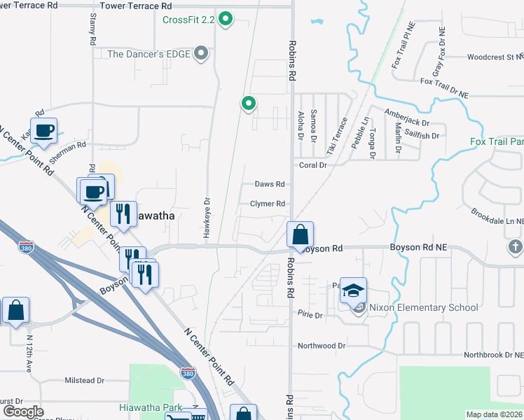 map of restaurants, bars, coffee shops, grocery stores, and more near 265 Clymer Road in Hiawatha