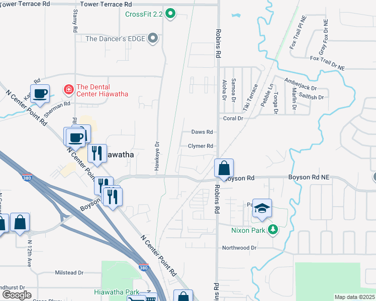 map of restaurants, bars, coffee shops, grocery stores, and more near 385 Clymer Road in Hiawatha