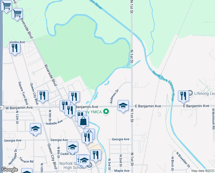 map of restaurants, bars, coffee shops, grocery stores, and more near Regency Circle South in Norfolk