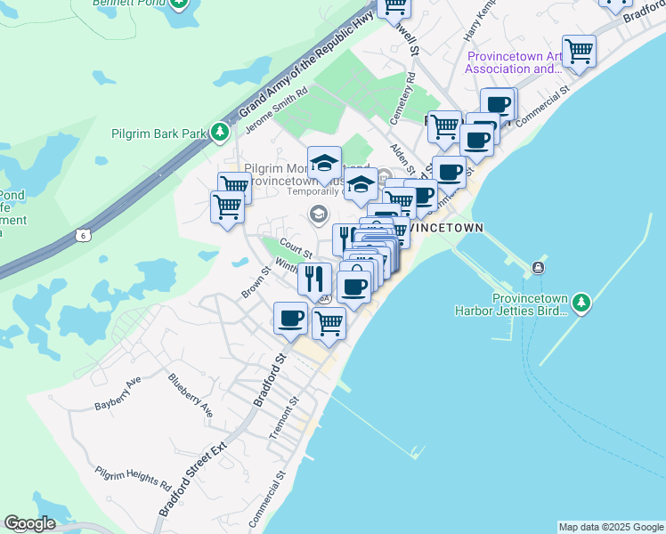 map of restaurants, bars, coffee shops, grocery stores, and more near 19 Court Street in Provincetown