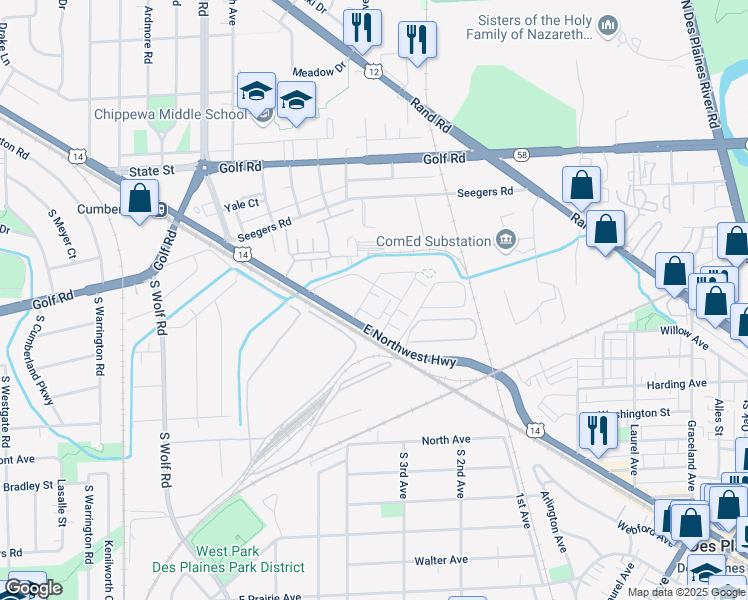 map of restaurants, bars, coffee shops, grocery stores, and more near 45 Nicholas Drive West in Des Plaines