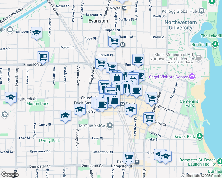 map of restaurants, bars, coffee shops, grocery stores, and more near 1720 Maple Avenue in Evanston