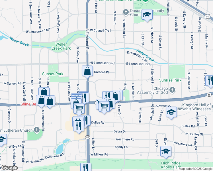 map of restaurants, bars, coffee shops, grocery stores, and more near 900 South Country Lane in Mount Prospect
