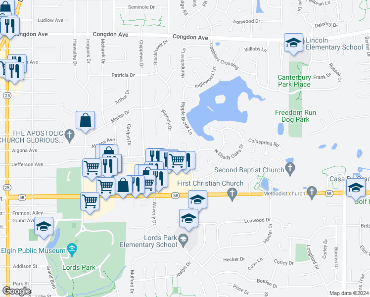 map of restaurants, bars, coffee shops, grocery stores, and more near 781 Shady Oaks Court in Elgin