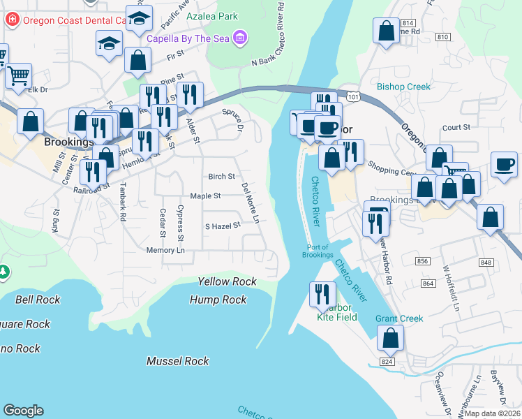 map of restaurants, bars, coffee shops, grocery stores, and more near 236 Fountain Court in Brookings