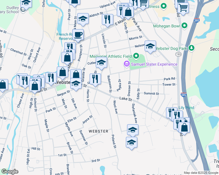 map of restaurants, bars, coffee shops, grocery stores, and more near 5 Robinson Street in Webster