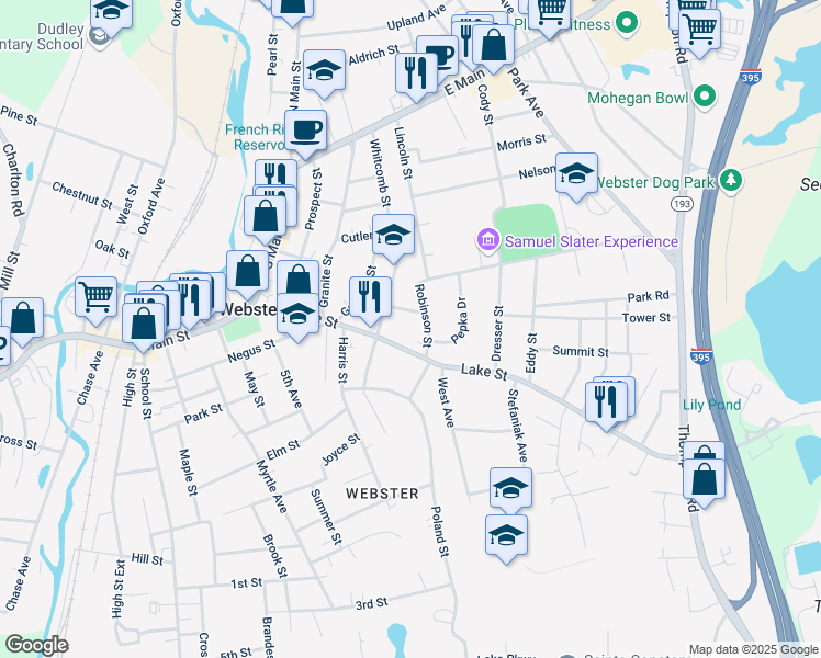 map of restaurants, bars, coffee shops, grocery stores, and more near 5 Robinson Street in Webster