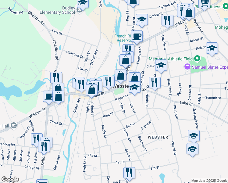 map of restaurants, bars, coffee shops, grocery stores, and more near in Webster