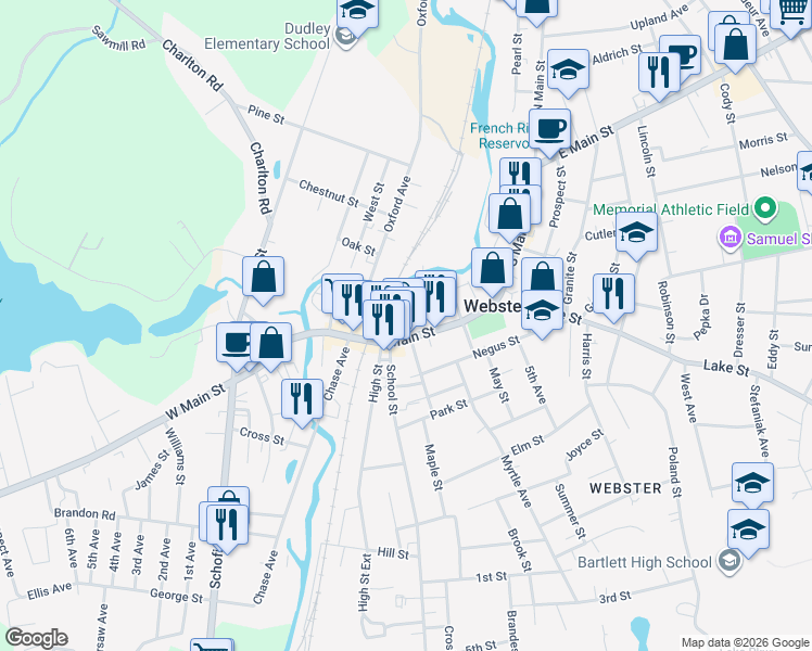 map of restaurants, bars, coffee shops, grocery stores, and more near 211 Main Street in Webster