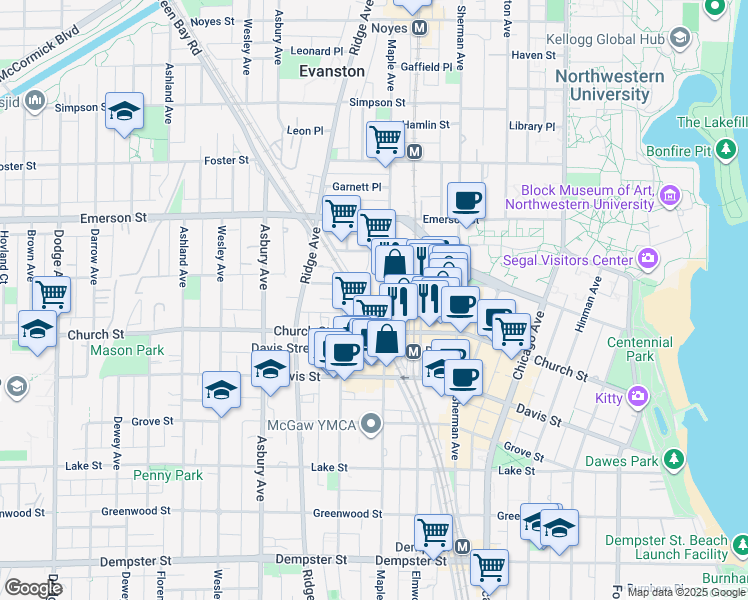 map of restaurants, bars, coffee shops, grocery stores, and more near 1720 Maple Avenue in Evanston