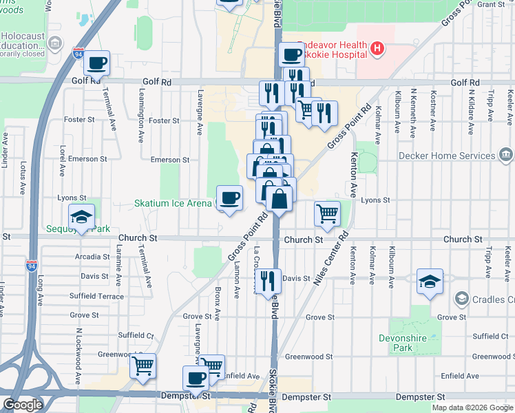 map of restaurants, bars, coffee shops, grocery stores, and more near 9240 Gross Point Road in Skokie
