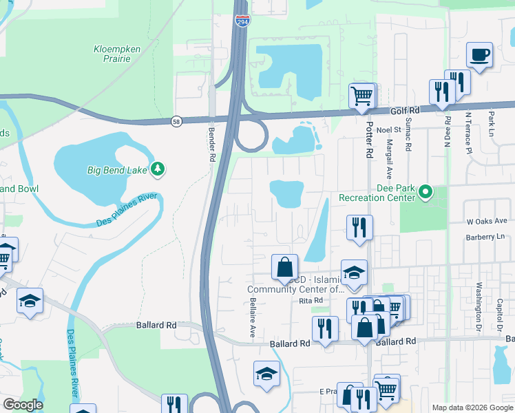 map of restaurants, bars, coffee shops, grocery stores, and more near 9410 Bay Colony Drive in Des Plaines