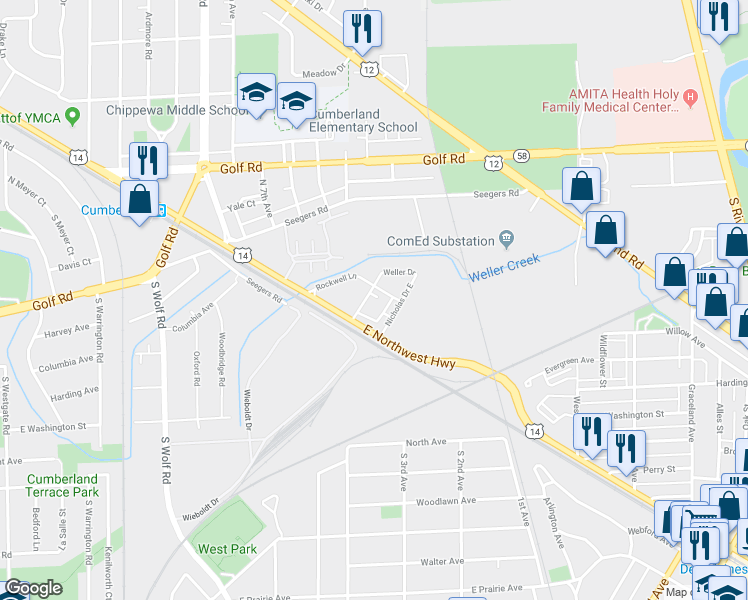 map of restaurants, bars, coffee shops, grocery stores, and more near 45 Nicholas Drive West in Des Plaines
