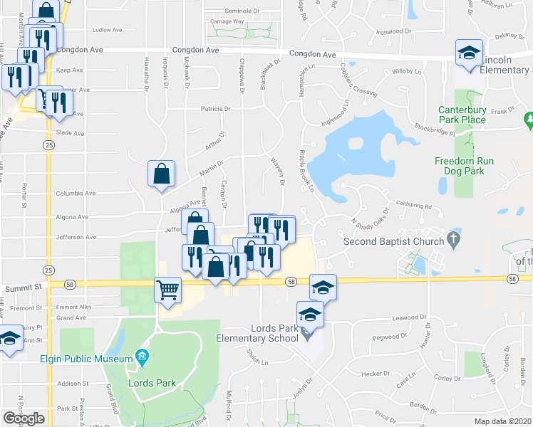 map of restaurants, bars, coffee shops, grocery stores, and more near 660 Waverly Drive in Elgin
