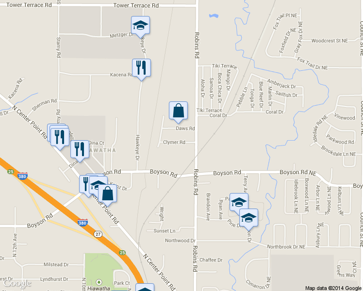 map of restaurants, bars, coffee shops, grocery stores, and more near 265 Clymer Road in Hiawatha