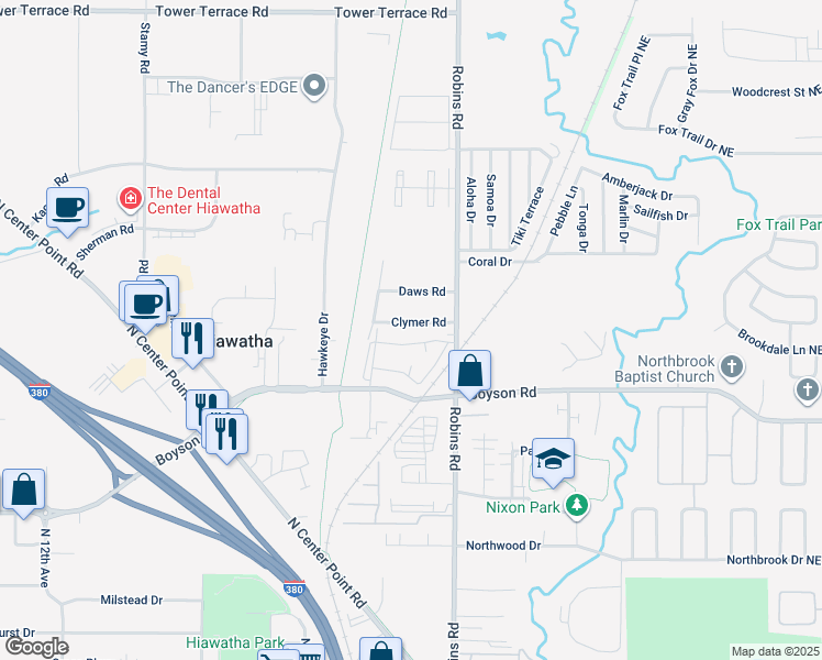 map of restaurants, bars, coffee shops, grocery stores, and more near 265 Clymer Road in Hiawatha
