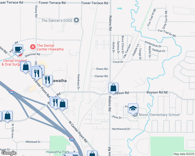map of restaurants, bars, coffee shops, grocery stores, and more near 385 Clymer Road in Hiawatha