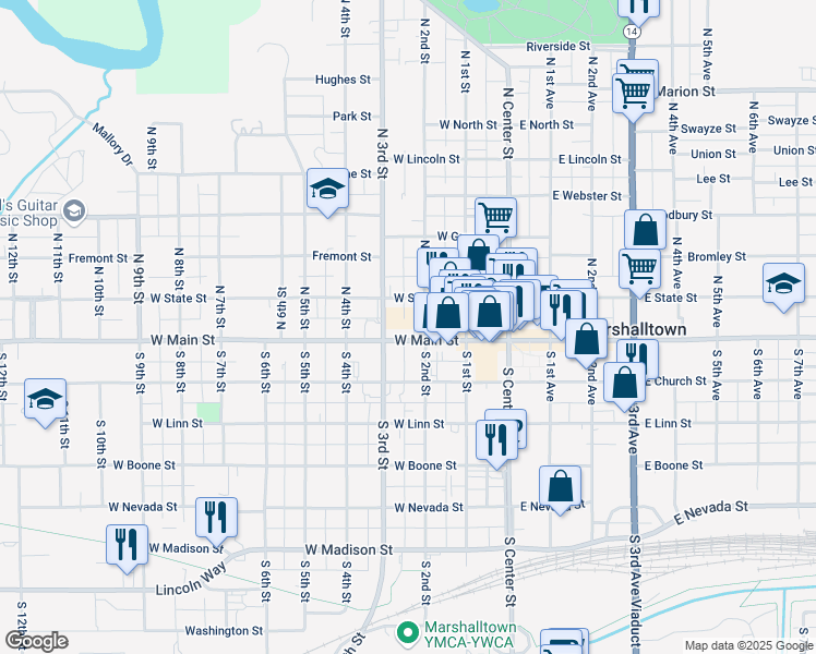 map of restaurants, bars, coffee shops, grocery stores, and more near 7 North 3rd Street in Marshalltown