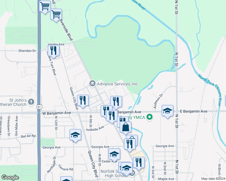 map of restaurants, bars, coffee shops, grocery stores, and more near 603 Hespe Drive in Norfolk
