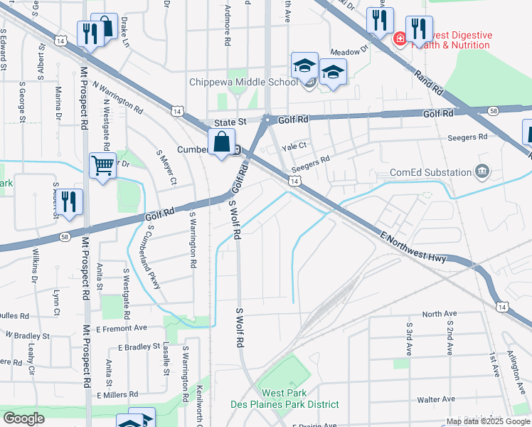map of restaurants, bars, coffee shops, grocery stores, and more near 552 Columbia Avenue in Des Plaines