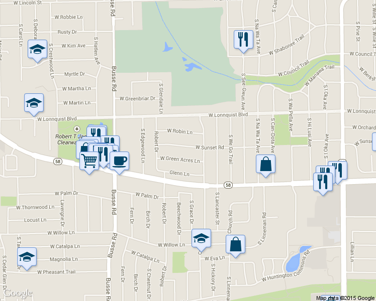 map of restaurants, bars, coffee shops, grocery stores, and more near 1207 West Sunset Road in Mount Prospect