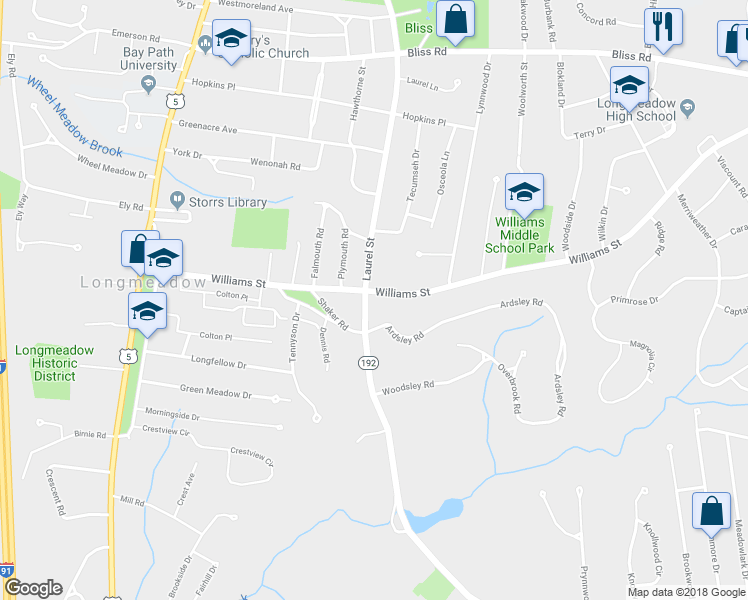 map of restaurants, bars, coffee shops, grocery stores, and more near 733 Laurel Street in Longmeadow
