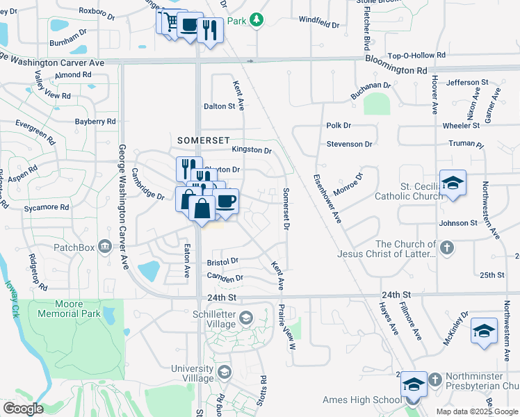 map of restaurants, bars, coffee shops, grocery stores, and more near 2410 Aspen Road in Ames