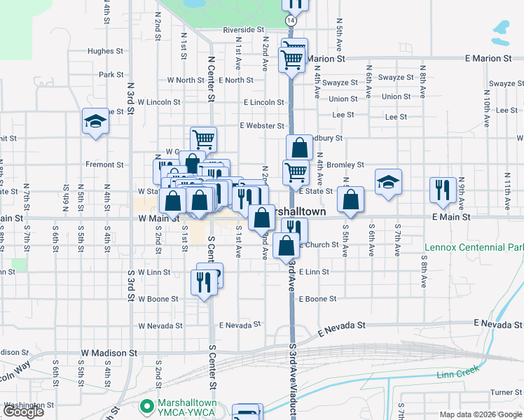 map of restaurants, bars, coffee shops, grocery stores, and more near 2 N 2nd Avenue in Marshalltown